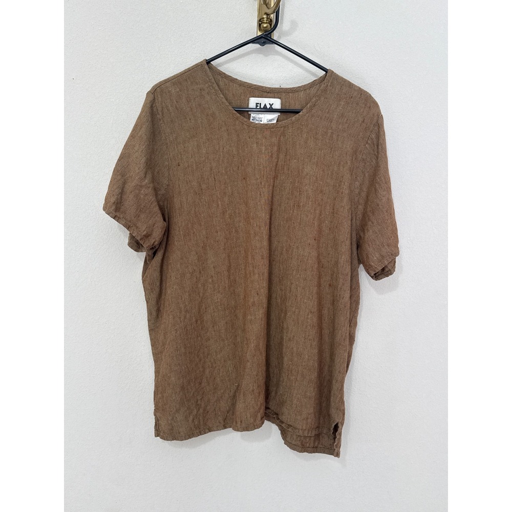 Flax Linen Short Sleeve Top Womens Medium Brown Lagenlook Crew Neck Tee